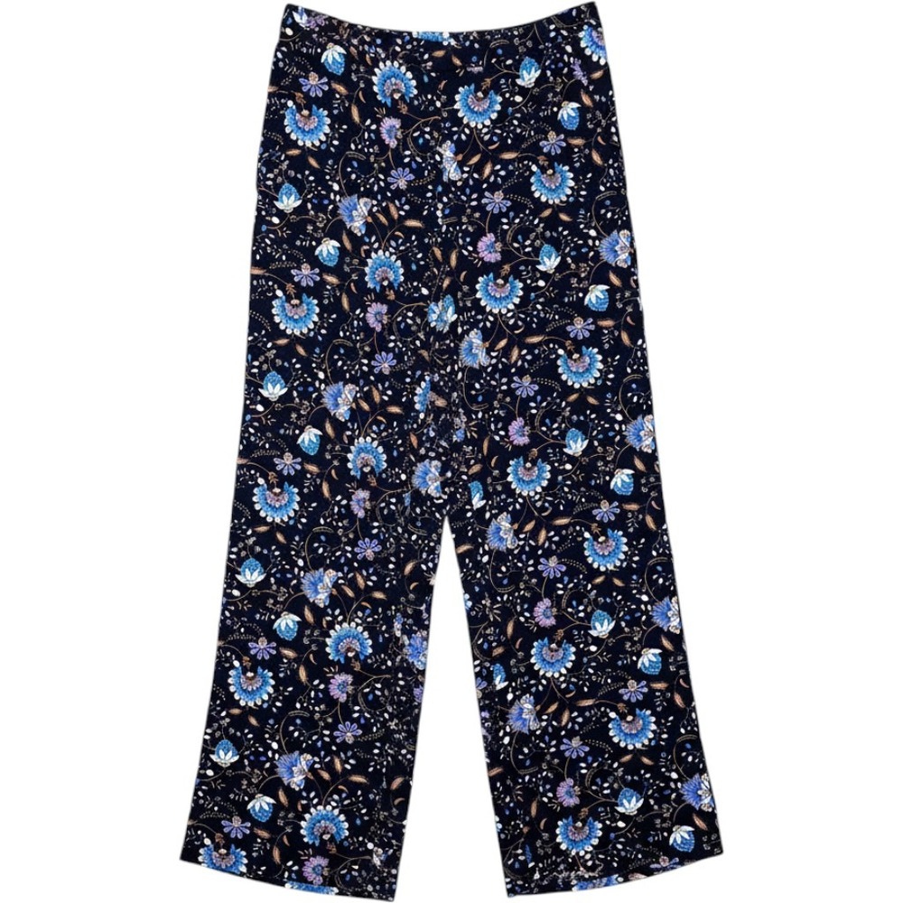 J Jill Women Navy Blue Floral Multi Wide Leg Pants XS Pull On Flowy